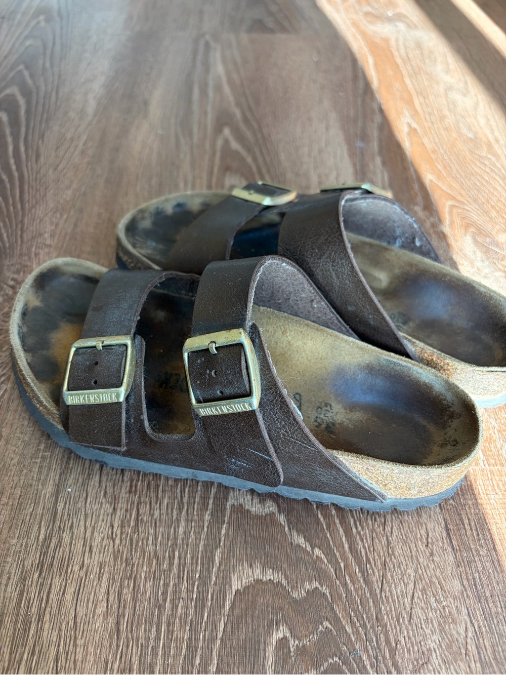 Birkenstock Brown Two-Strap Leather Sandals with Brass Buckles